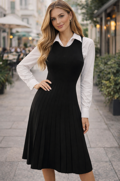 Classic Black Sleeveless Ribbed Knit Midi Dress – Fit & Flare Pleated Hem
