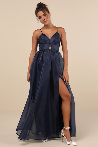 Wildflowera V-neck off shoulder sleeveless thin shoulder strap with backless side slit and floor length evening dress