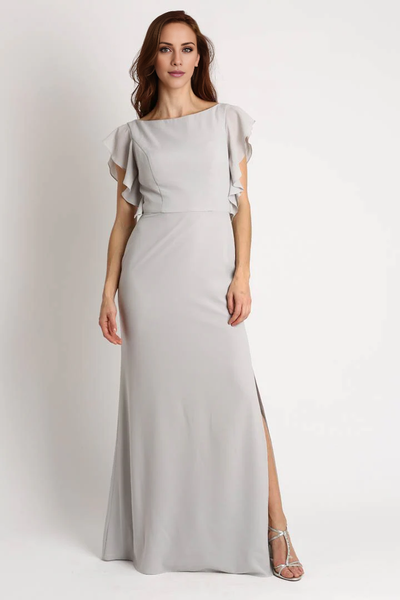 Wildflowera boat neckline short sleeved backless side slit and floor length evening dress