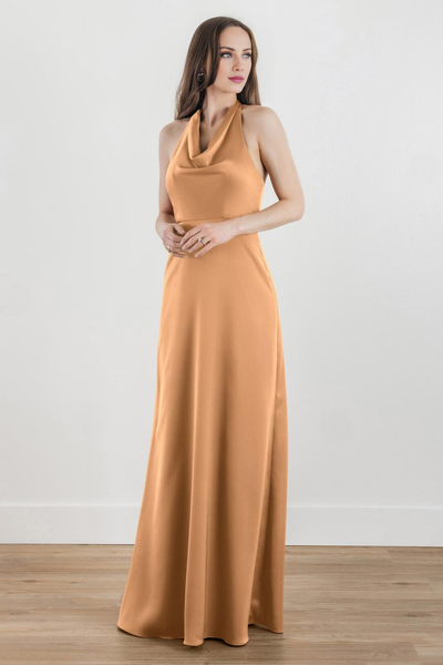 Wildflowera halter neckline off shoulder sleeveless satin backless and floor length evening dress