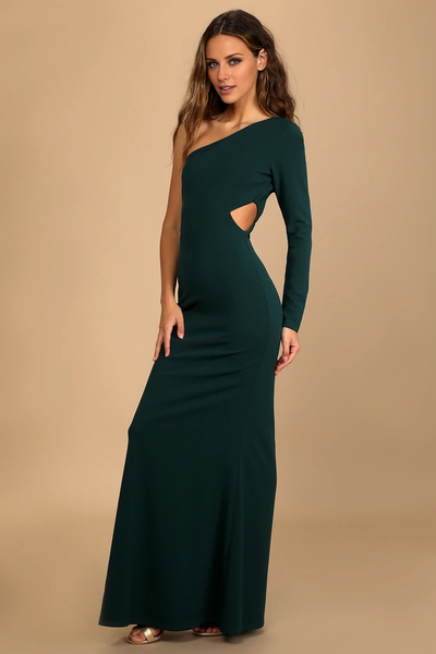Wildflowera asymmetrical collar off shoulder long sleeved backless and floor length evening dress