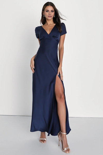 Wildflowera V-neck short sleeved backless side slit and floor length evening dress