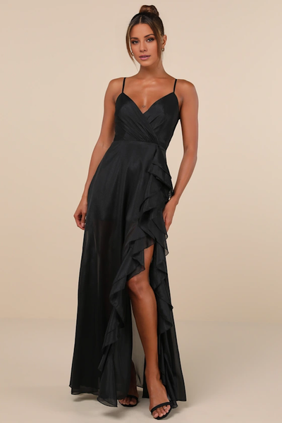 Wildflowera V-neck off shoulder sleeveless thin shoulder strap backless ruffle edge side slit and floor length evening dress