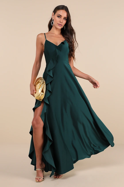 Wildflowera V-neck sleeveless thin shoulder strap with backless side slit ruffle edge and floor length evening dress