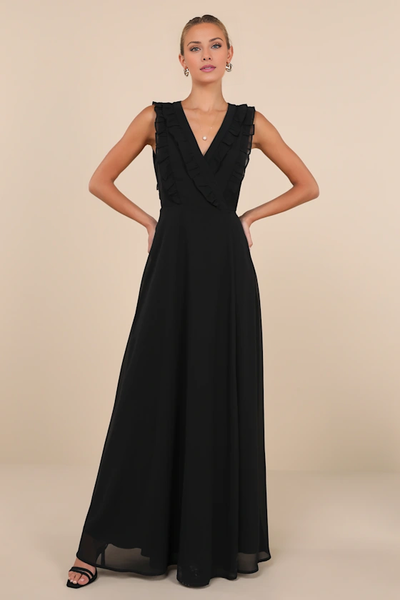 Wildflowera A-line V-neck sleeveless ruffle and floor length evening dress
