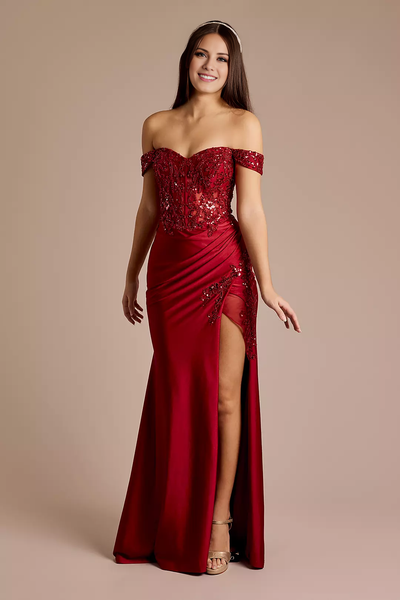 Wildflowera Sequin Applique Satin Off-Shoulder Sheath Dress