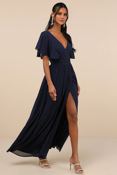 Wildflowera A-line V-neck short sleeved backless side slit and floor length evening dress