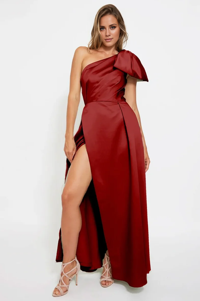 Wildflowera asymmetrical neckline sleeveless backless butterfly bow side slit and floor length evening dress