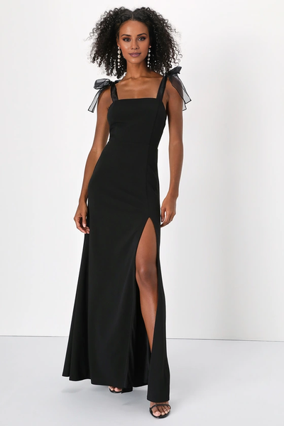 Wildflowera square neckline sleeveless lace up shoulder exposed back side slit and floor length evening dress