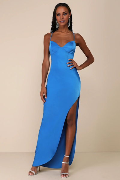 Wildflowera V collar off shoulder sleeveless thin shoulder strap backless side slit and floor length evening dress