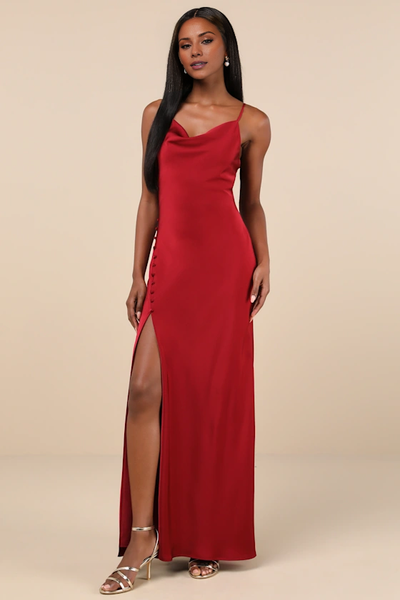 Wildflowera hanging neckline sleeveless thin shoulder strap backless side slit and floor length evening dress