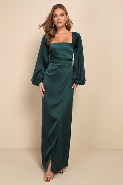 Wildflowera square neckline long sleeved backless side slit and floor length evening dress