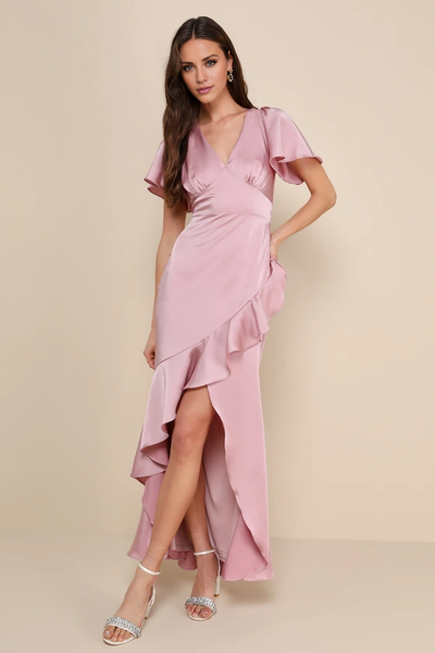 Wildflowera V-neck short sleeved side slit ruffle and floor length evening dress