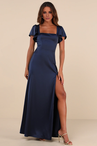 Wildflowera square neckline short sleeved backless side slit and floor length evening dress