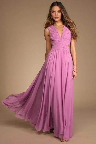 Wildflowera A-line deep V-neck sleeveless pleated details and floor length evening dress
