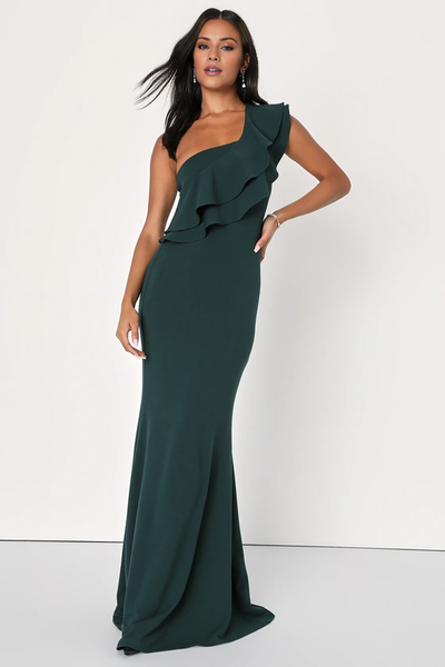 Wildflowera asymmetrical neckline off shoulder sleeveless backless and floor length evening dress