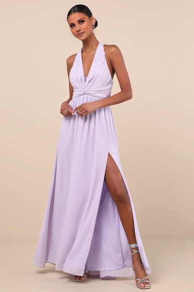 Wildflowera V collar hanging neck off shoulder sleeveless backless side slit and floor length evening dress