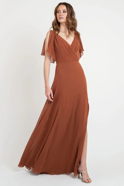 Wildflowera V-neck off shoulder short sleeved backless and floor length evening dress