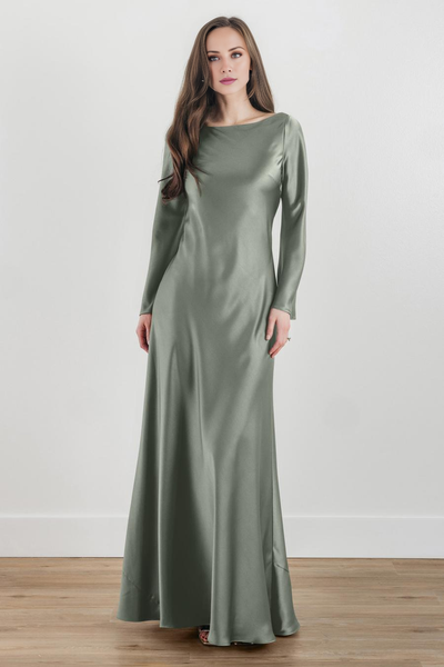 Wildflowera boat neckline long sleeved satin and floor length evening dress