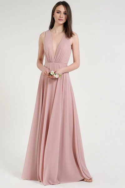 Wildflowera deep V-neck off shoulder sleeveless pleated backless and floor length evening dress