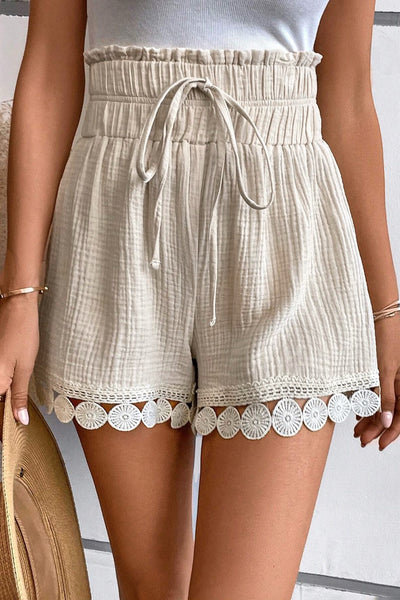 Women’s Cream High Waisted Textured Shorts with Lace Trim Hem – Elastic Waist Spring Summer Dressy Casual Shorts -Apricot