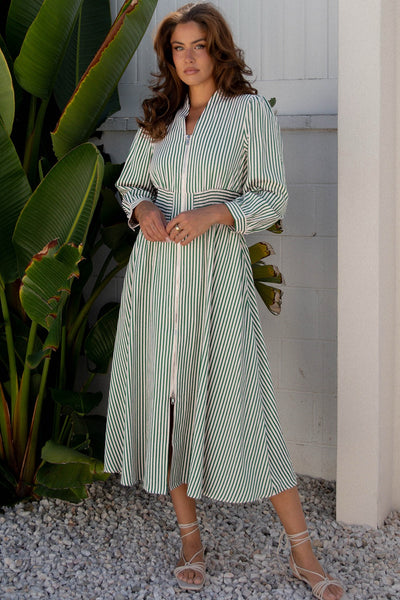 Green & White Striped Zip Front Midi Dress with Pockets | Women’s Long Sleeve Smocked Waist Dress