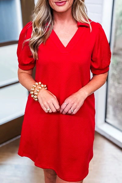 Textured Collared V- Neck Dress - Red