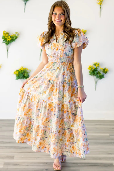 Pastel Floral Tiered Maxi Dress for Women | Romantic Puff Sleeve Spring Summer