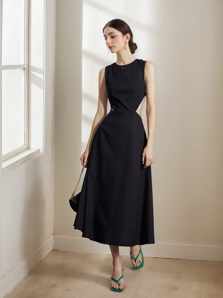 Chic Satin A-Line Round Neck Sleeveless Criss-Cross Open Back Midi Evening Dresses