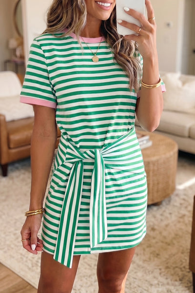 Green & White Striped Side Tie T-Shirt Dress for Women | Casual Summer Dress with Pink Trim