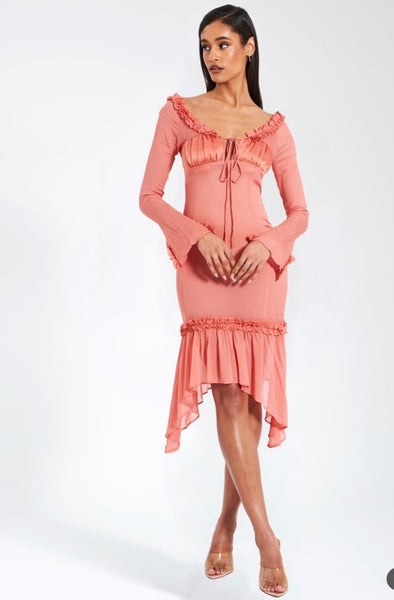 Tiered Ruffle Sleeve Sheer and Satin Midi Dress -Blush Pink