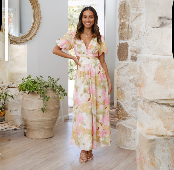 Floral V-Neck Open Back Maxi Dress- Blush Pink
