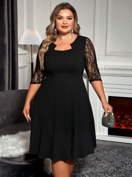 Plus Size Black A-Line Notched Dress with Lace Sleeves for Women | Elegant Knee-Length Cocktail & Church Dress
