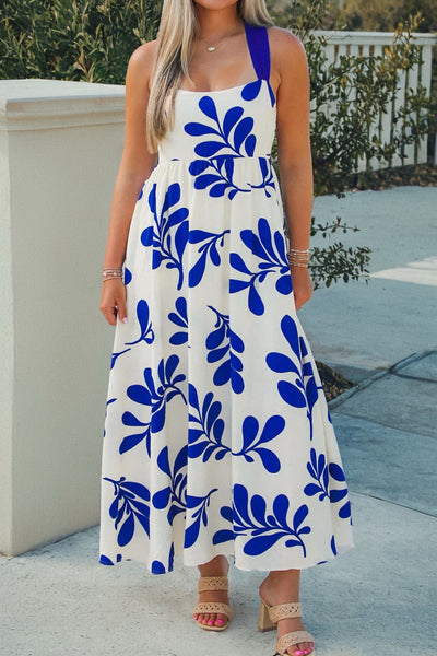 Blue and White Floral Maxi Dress for Women | Elegant Tie Back Summer Vacation Dress