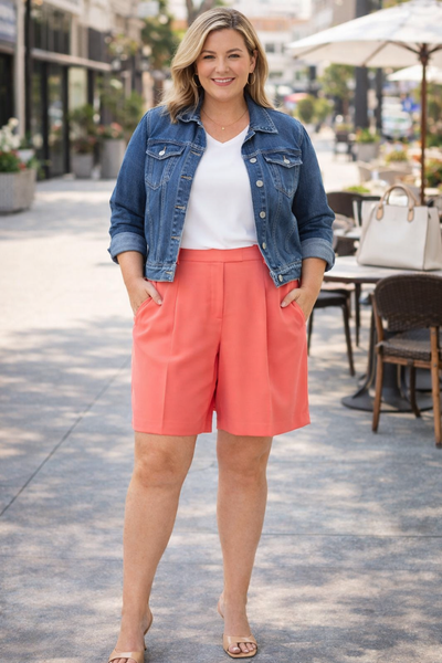 Coral High Waisted Pleated Dress Shorts for Women – Flowy Tailored Bermuda Shorts with Pockets