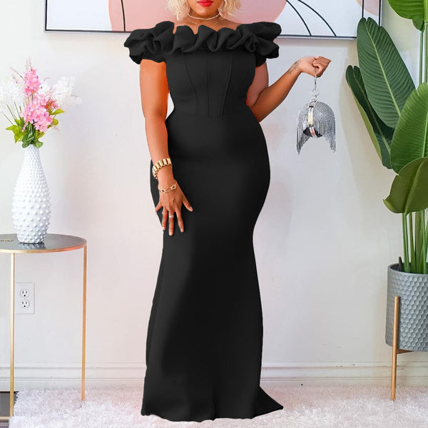 Ruffle Front Strapless Formal Gown Dress - Black