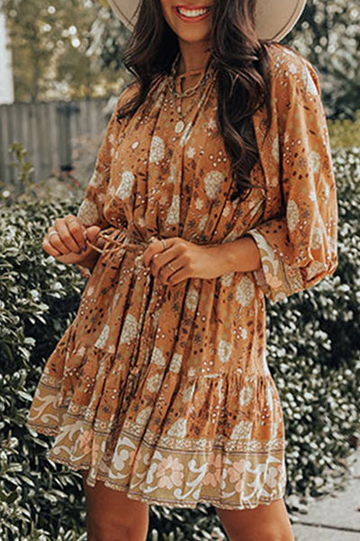 Boho Floral Tiered Mini Dress for Women – Long Sleeve Cinched Waist Dress