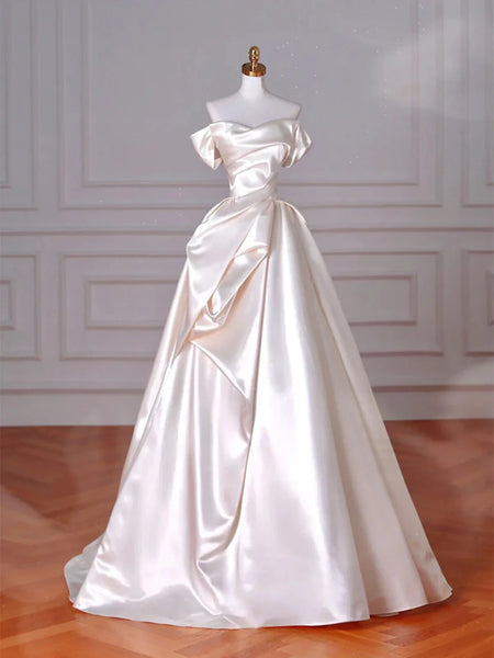 Luxurious Satin Ball Gown Off-the-Shoulder Short Puff Sleeves Lace-Up Back Floor-Length Evening Dresses