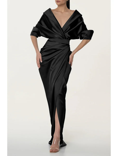 Sophisticated Satin Sheath V-Neck Short Sleeve Zipper Back Floor-Length Evening Dresses
