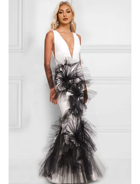 Mermaid / Trumpet Evening Gown Color Block Dress Formal Wedding Guest Floor Length Sleeveless V Neck Fabric with Appliques