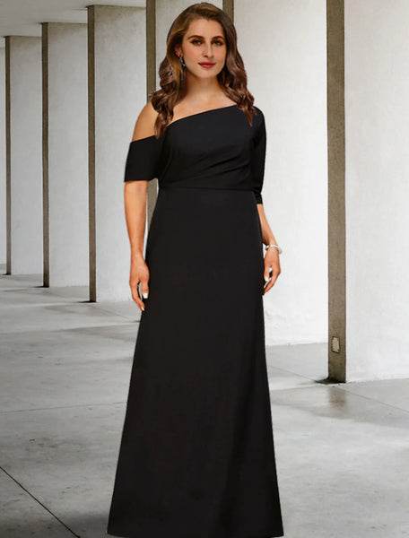 A-Line Mother of the Bride Dresses Plus Size Hide Belly Curve Vintage Dress Party Wear Floor Length 3/4 Length Sleeve One Shoulder  Fabric with Ruched